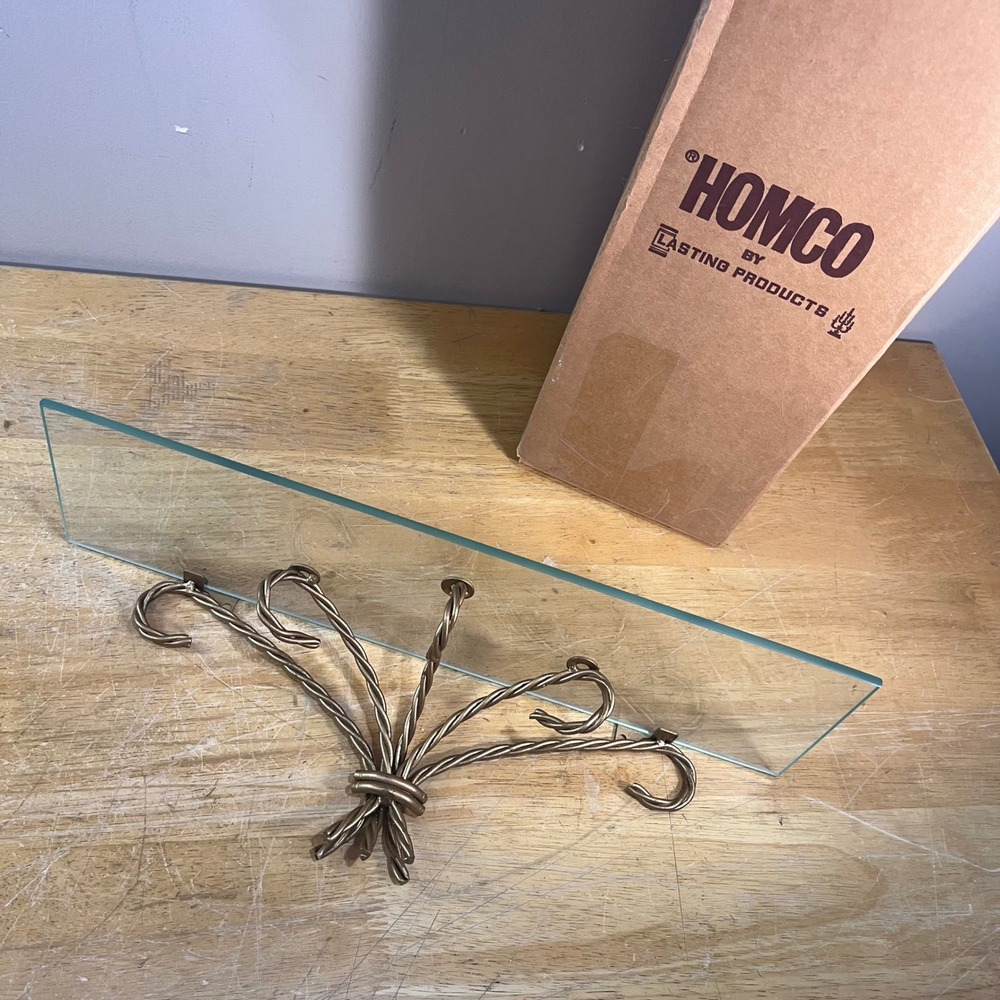 Vtg Homco Gold Twisted Metal Glass Wall Shelf Hollywood Regency MCM 18" No 1303‎